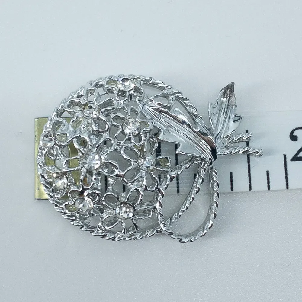 Silver Rhinestone Floral Bouquet Brooch